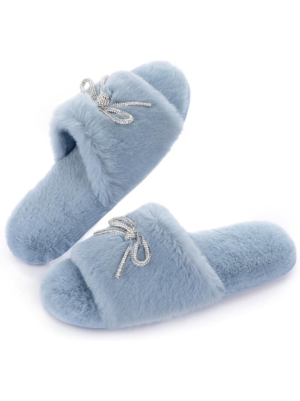 Women's Blue Faux Fur Fuzzy House Slippers with Rhinestone Bow knot Non Slip